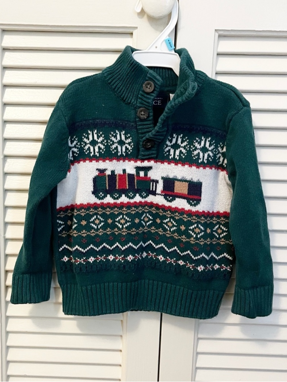 The Children's Place Green Holiday Train Sweater with Red, White, Navy Accents